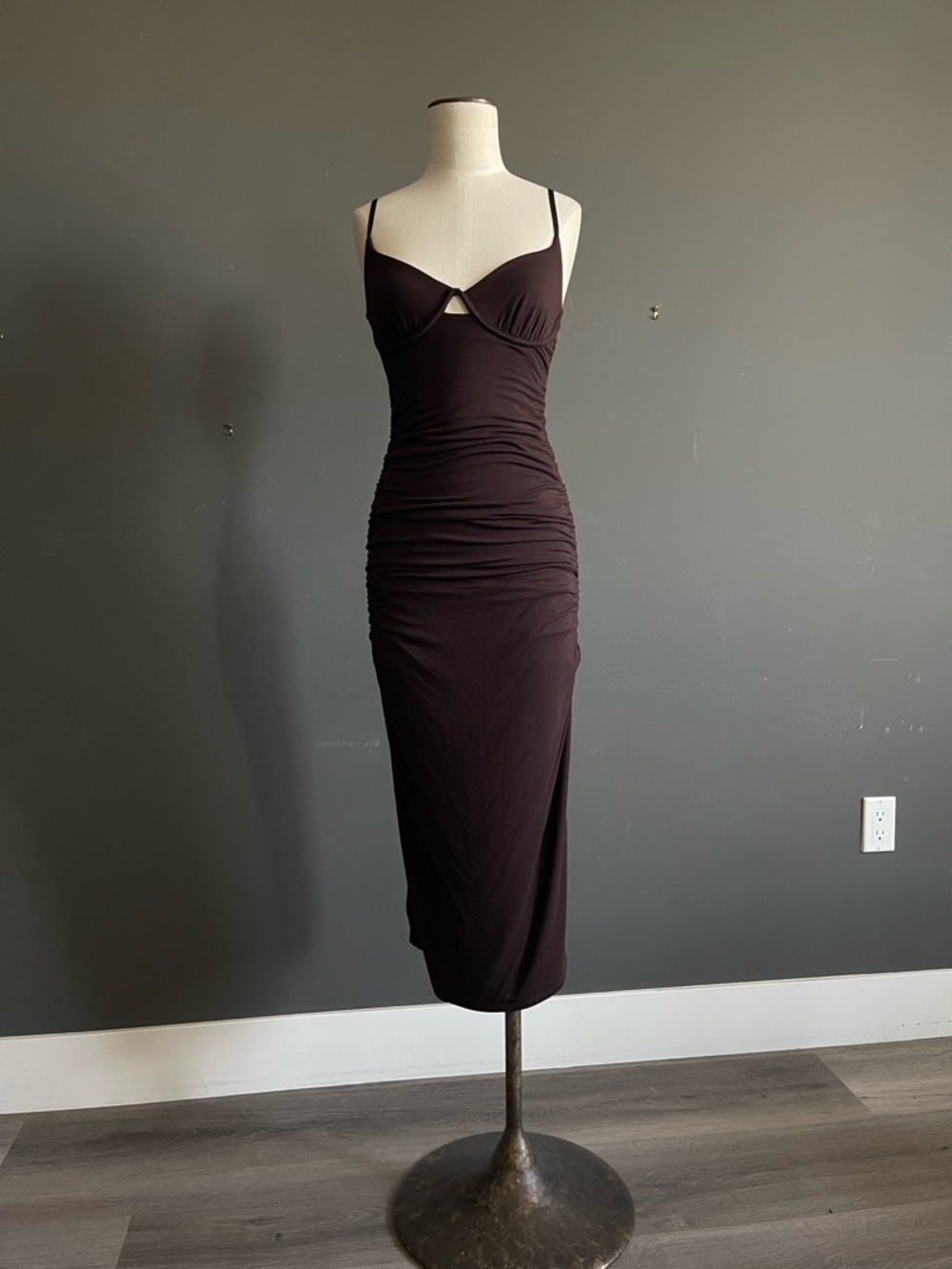 Jonathan Simkhai Ruched Midi Dress Brown Cutout Minimal Esber Cult Gaia Bodycon